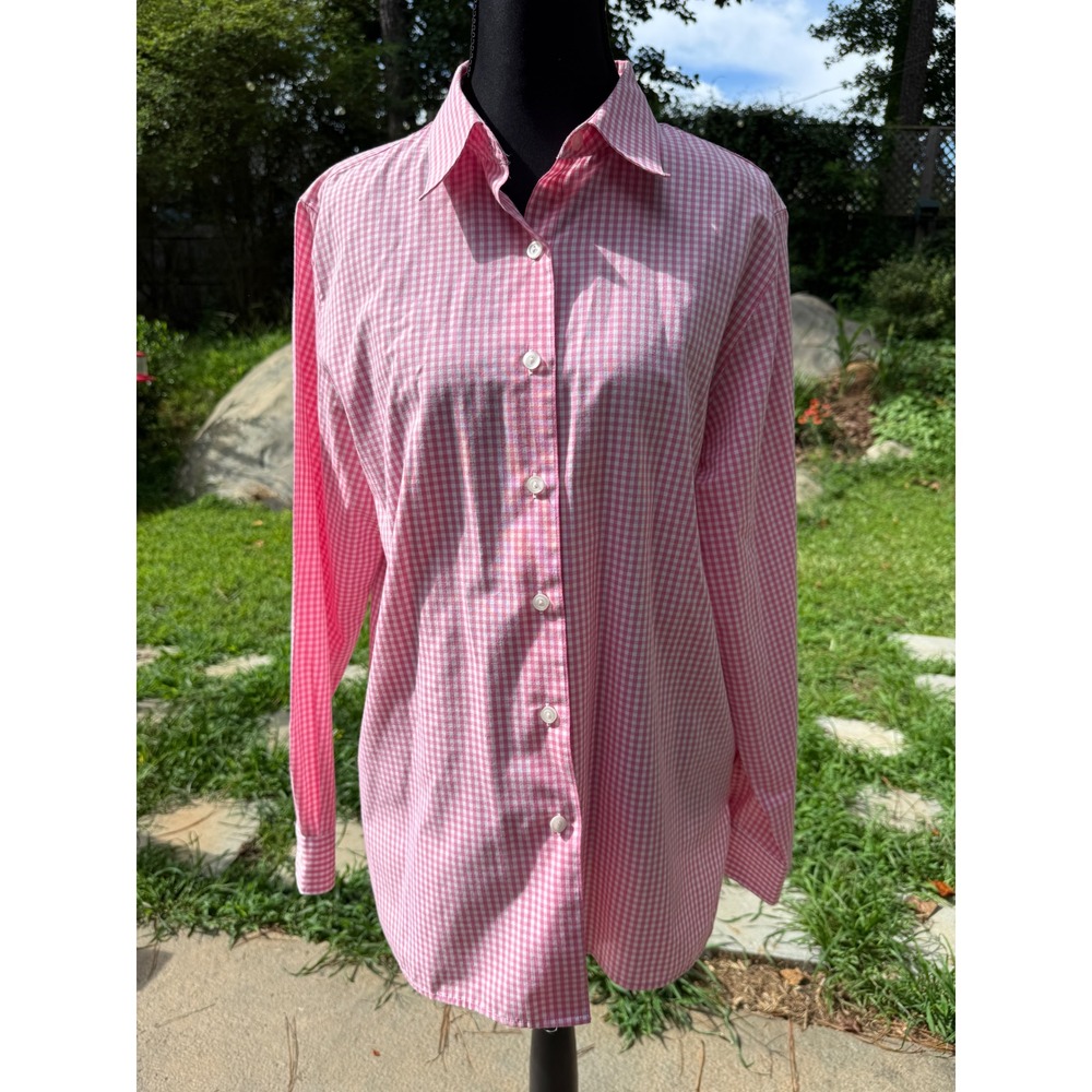 Foxcroft Womens Pink White Gingham Button Down Shirt No Wrinkle Size 10 Long Slv